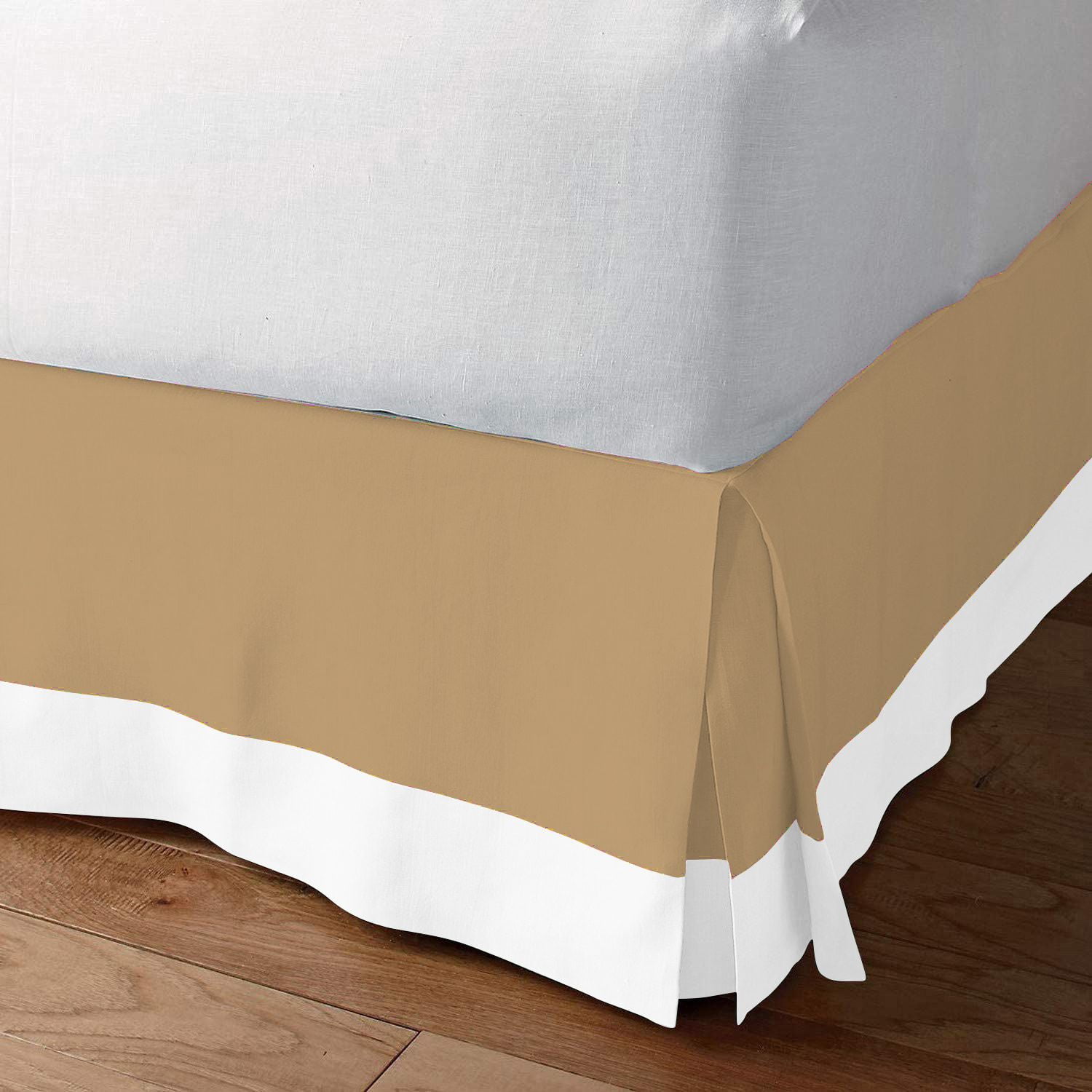 Luxury 1 Piece Split Corner Two Tone Tailored Bed Skirt, King Size 10 Inch Deep Pocket, 100% Egyptian Cotton, 800 Thread Count, Solid White/Taupe Color.