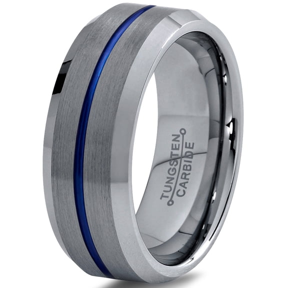 P. Manoukian Tungsten Wedding Band Ring 8mm for Men Women Blue Grey Beveled Edge Brushed Lifetime Guarantee Size 7.5