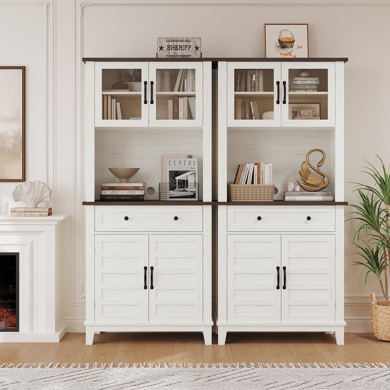 TROPOW Multi-Functional Hutch – Elegant 72" White Pantry Coffee Bar Cabinet for Tall Kitchen Storage with Adjustable Shelves, Glass Doors & Drawer – Ideal for Dining Room and Kitchen