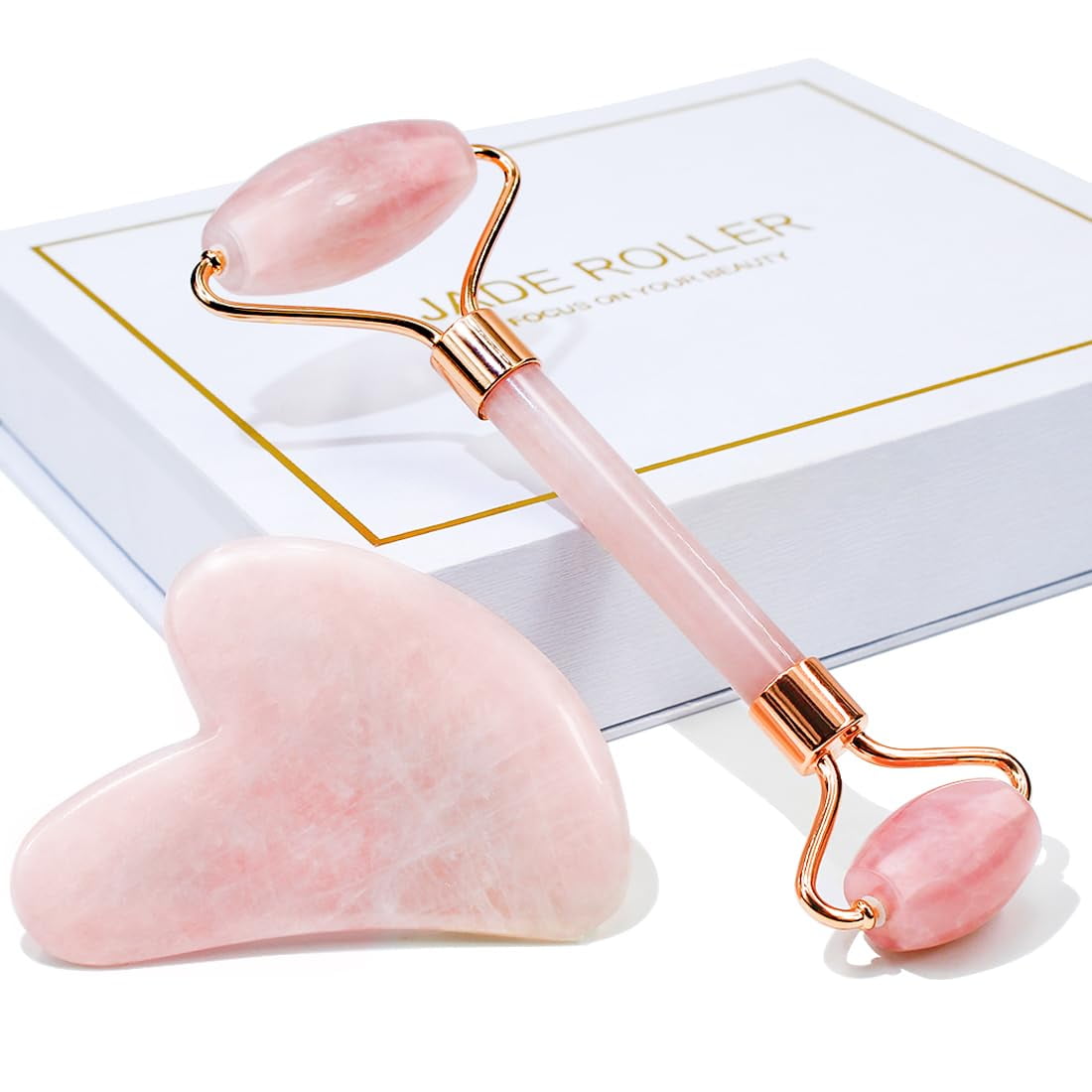 BEAKEY Jade Roller & Gua Sha, Natural Jade Face Roller Gua Sha Facial Tools Skin Care Massager, Pink