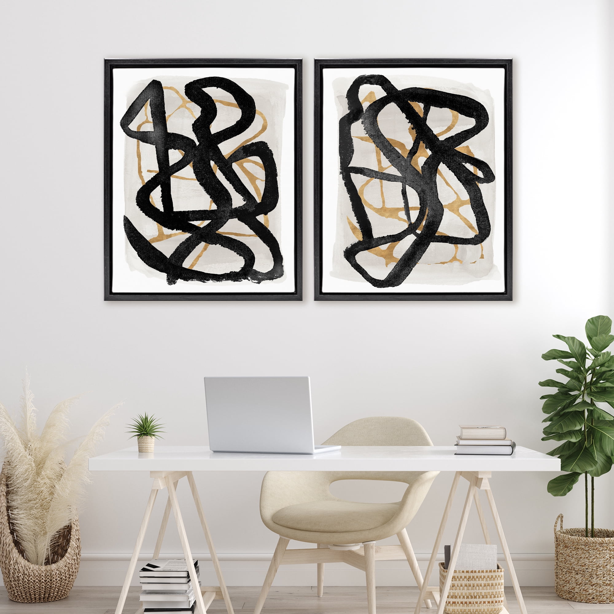 Stupell Industries Contemporary Hindsight Squiggles 2 Piece Black Framed Floater Canvas Set, design by Lucille Price