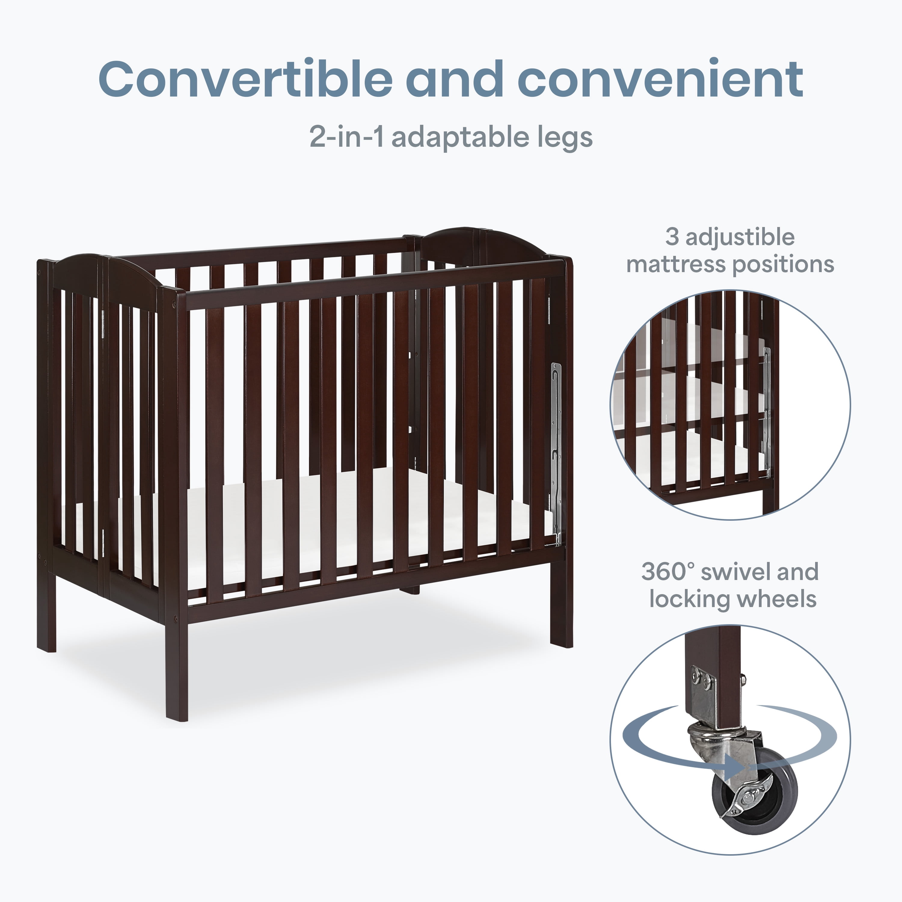 Dream On Me Birch 3-in-1 Folding Portable Mini Crib, Espresso