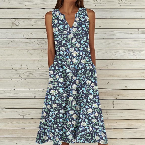 Women's Dress Summer Fashion Casual Beach Printed Camisole Sleeveless V-Neck Knee Length Dresses Multicolor XL