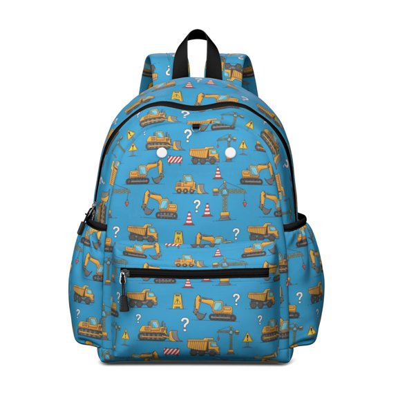 Excavator and Question Mark Blue Pattern Cute School Backpack with Padded Back and Adjustable Shoulder Straps 13.4"x11"x4.7"