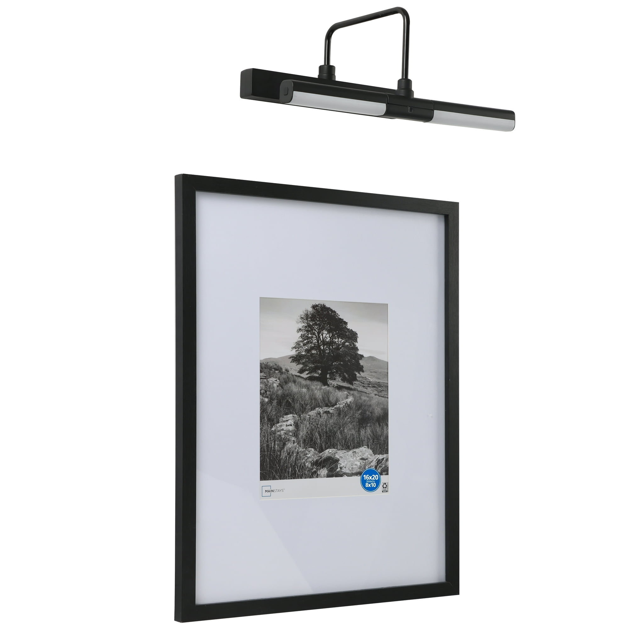Mainstays 16 in x 20 in Gallery Picture Frame Set with LED Picture Light, Black, Matted for 8 in x 10 in Photo