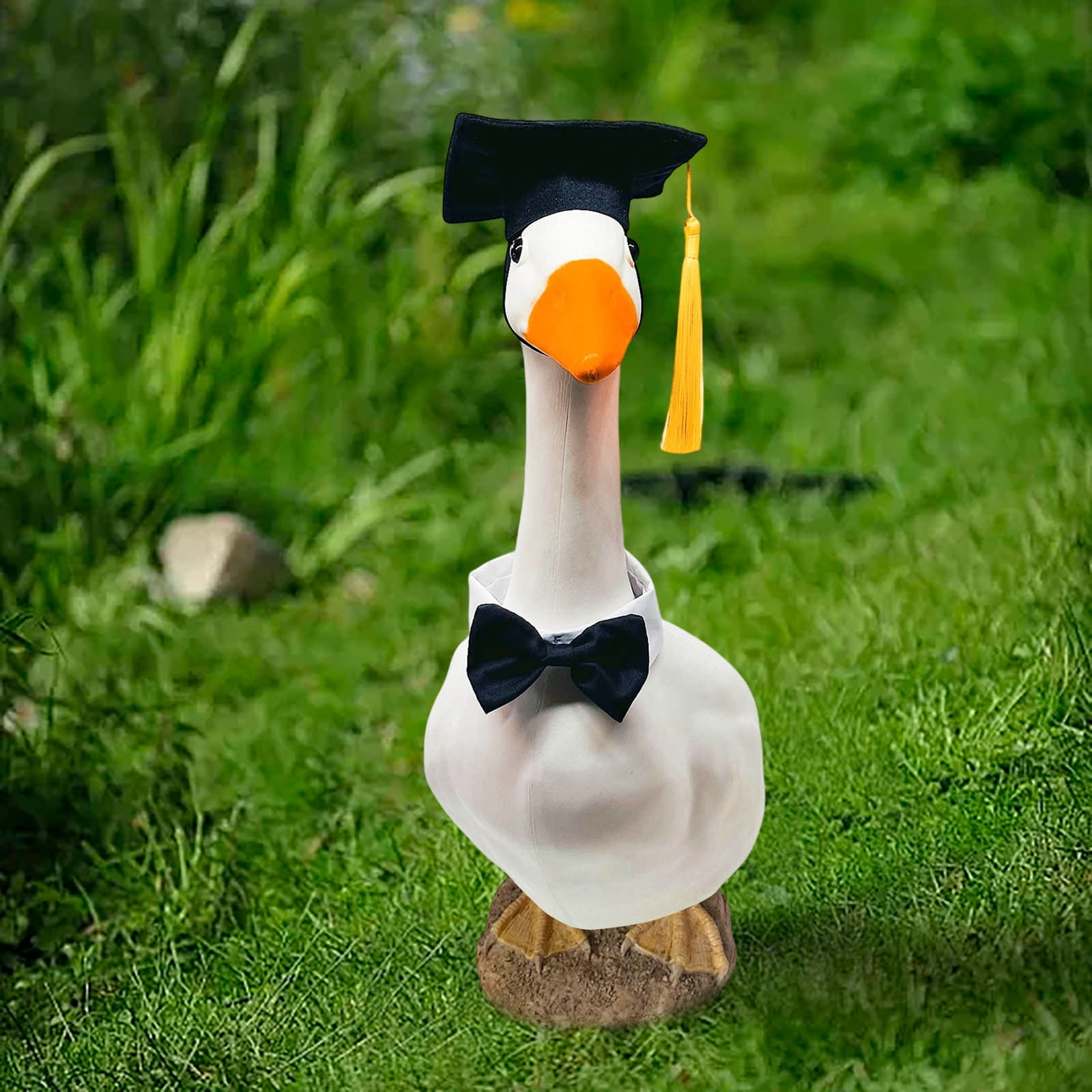 3Pcs Graduation Decoration, Fufafayo Graduation Season Bachelor's Hat Big White Goose Yard Decoration, Cap And Bow Tie Ornament for Lawn, Porch Or Garden Festive Display, Black Fabric Sculpture