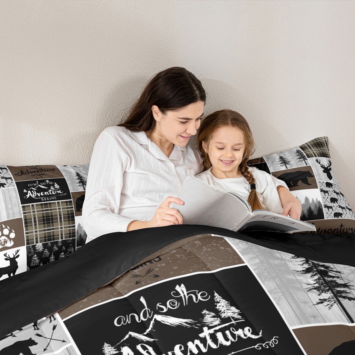 Hunting Bear Deer Bedding Comforter Sets, Rustic Cabin Patchwork Comforter Set Twin, Buffalo Plaid Quilt Farmhouse Cowboy Woodland Duvet Insert Teens Adult Women Bedroom, Brown Gray