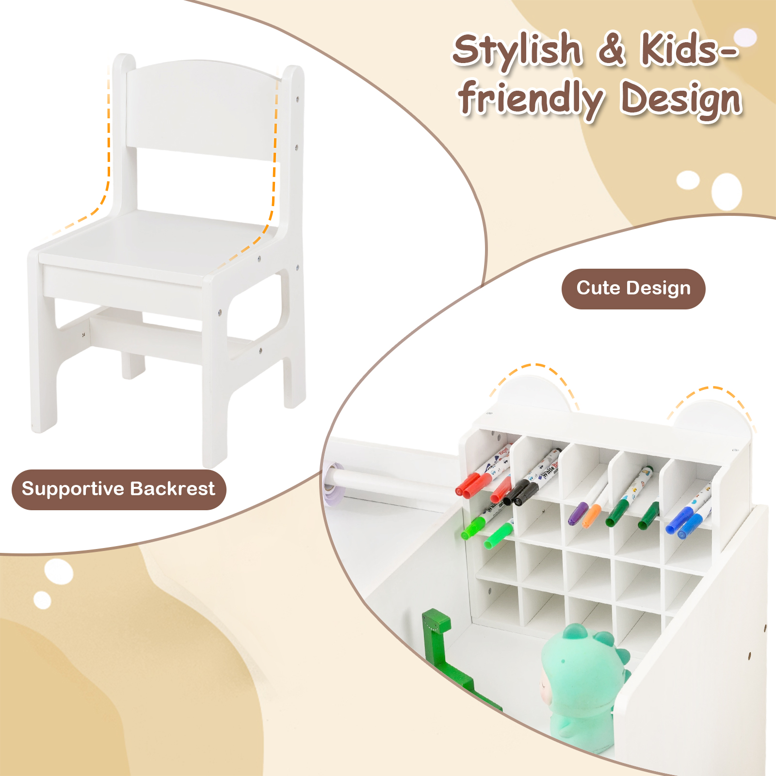 Gymax Kids Art Table & Chair Set w/Detachable Paper Roll Holder & Cubby Cabinet Drawer White