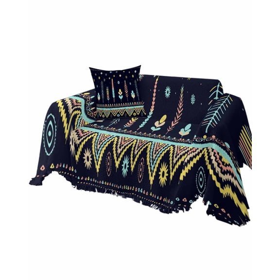 Boho Floral Sofa Couch Covers for Dog,Washable Sectional Couch Slipcovers for Loveseat with Tassels,BlackBotanical Blue Aztec Tribal Ethnic Bohemian Non Slip Sofa Throw Cover Blanket Large 71x102