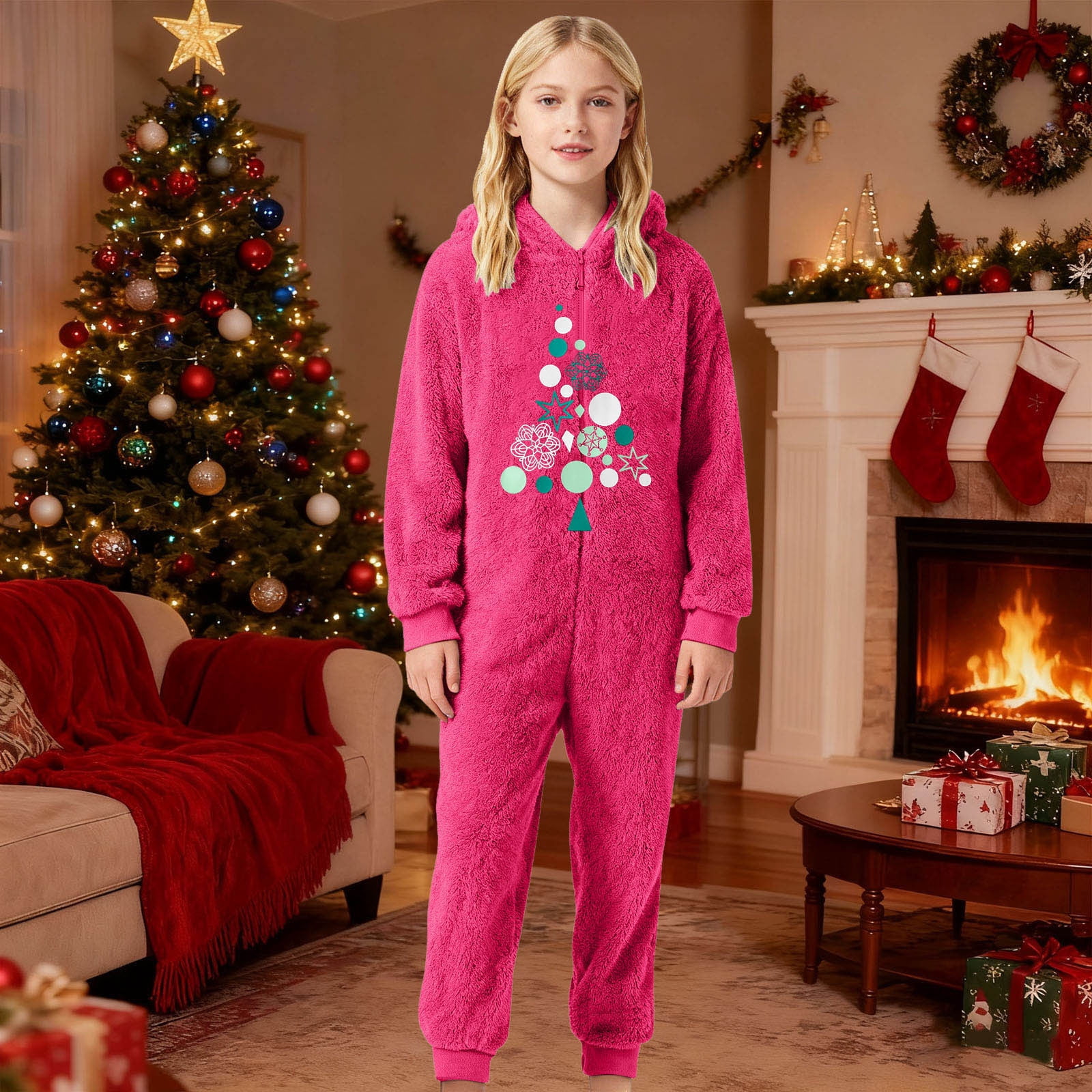 FYDUU Christmas Girls Zip Up Jumpsuits Kids Fuzzy Hooded Rompers Soft Cozy Onesie Pajamas One-Piece Warm Winter Clothes Soft Warm Rompers 9-10 Years