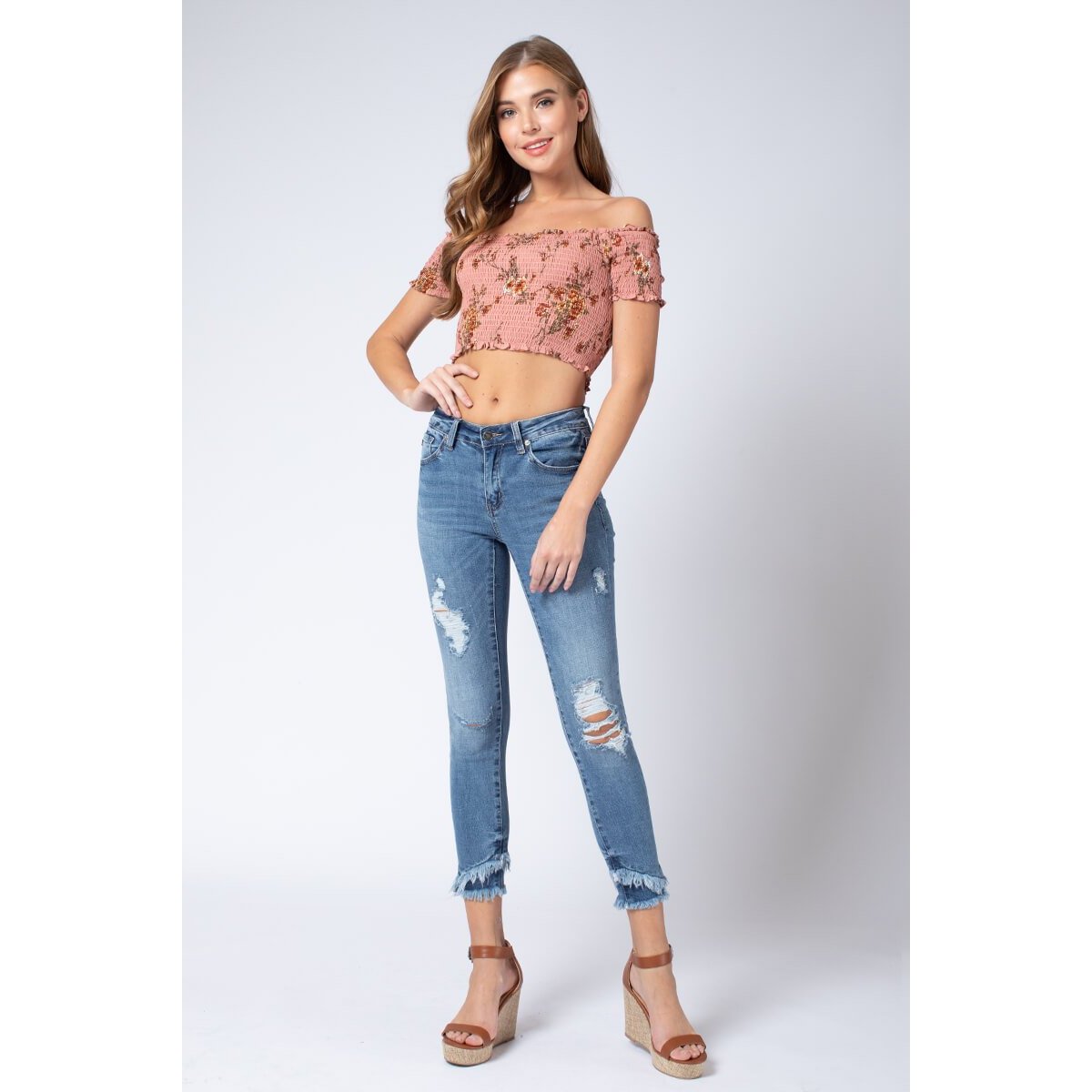 Kan Can Mid-Rise Fringe Ankle Skinny 