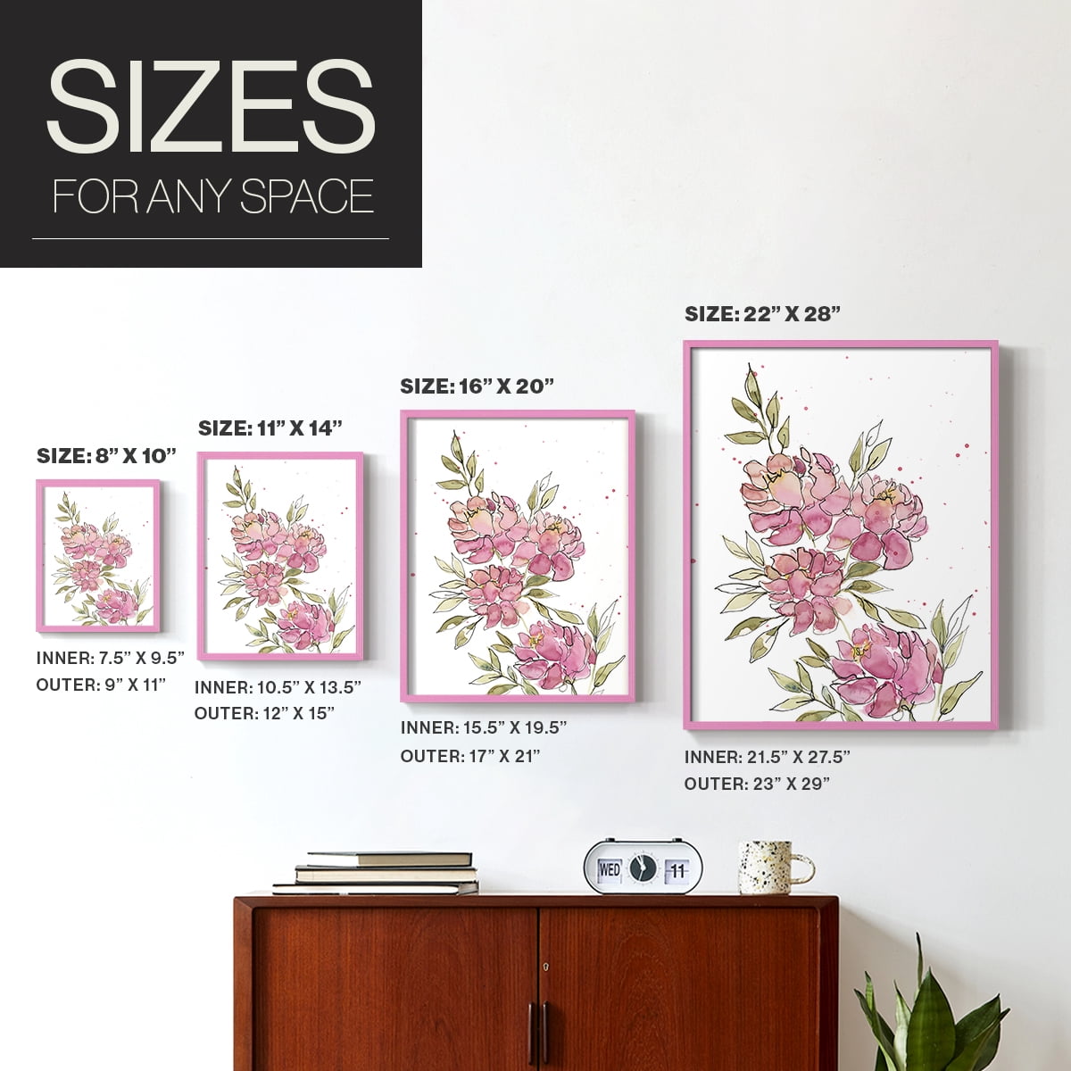 Watercolor Blooms I Framed Print in Pink Solid Wood 8 x 10 Framed Print
