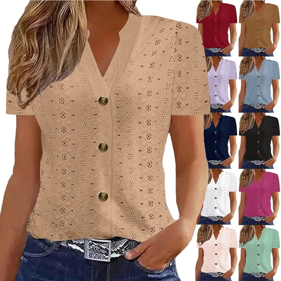 Otvok Women'S Summer Shirt V-Neck Twisted Button Solid Color Casual Loose Short Sleeve Blouse