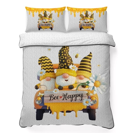 Twin XL Quilt Bedding Set Farmhouse Honey Truck with Gnome Soft Microfiber Summer Bedspread Coverlet with 2 Pillow Shams Rural Spring White Daisy Breathable Bedding Set for Hot Sleepers