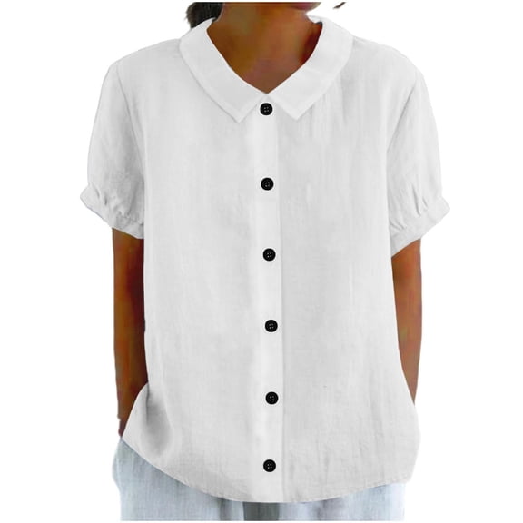 Yutgune Women's Trendy Cotton Linen Top Casual Solid Color Short-Sleeved Button-Down Blouse Collar Shirt