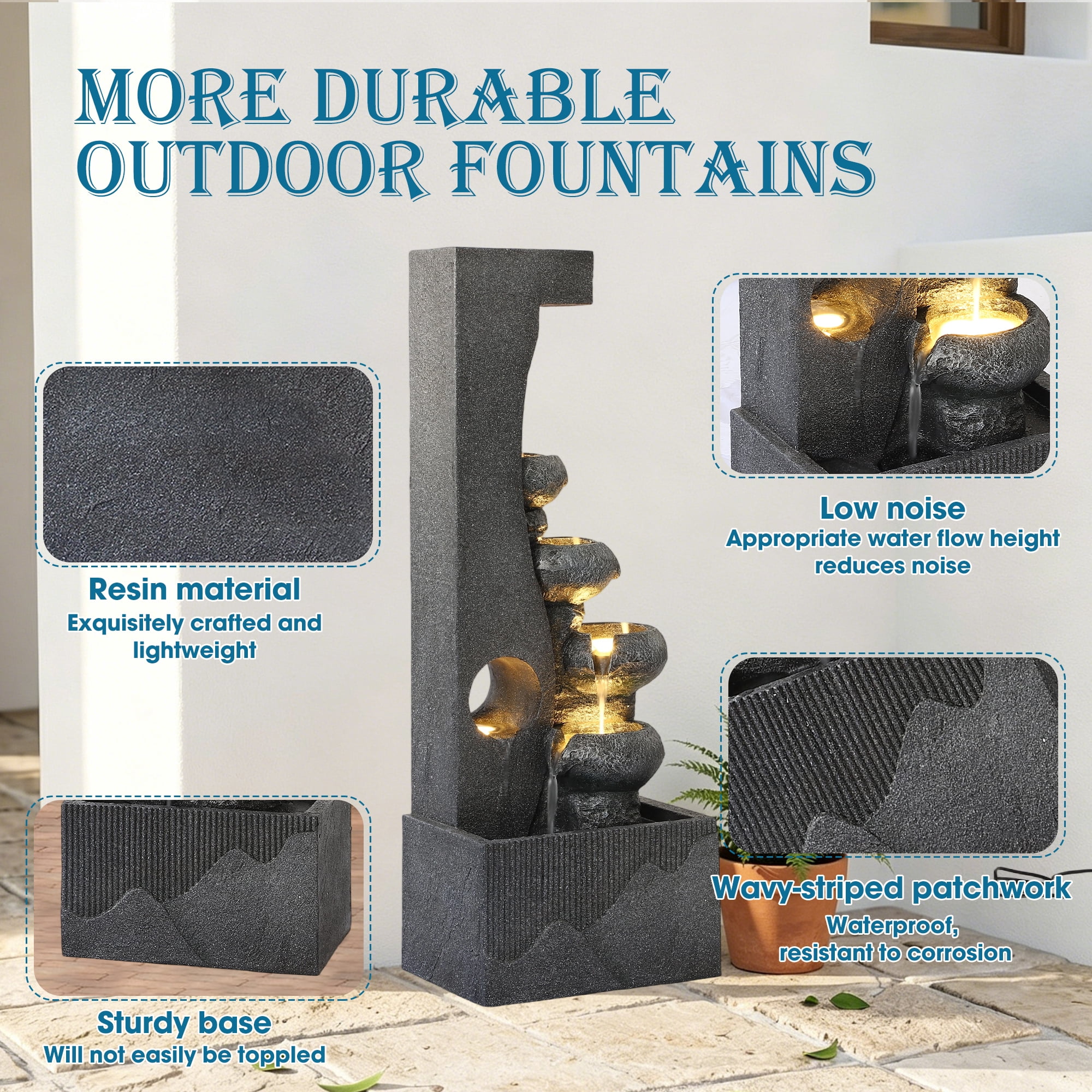 Haverchair 40" H Cascading Rock Water Fountain, 6-Tier Outdoor Garden Waterfall with with Flower Pot and Lights, Indoor Water Feature Fountain for Garden, Patio, Backyard, Porch and Home Art Decor