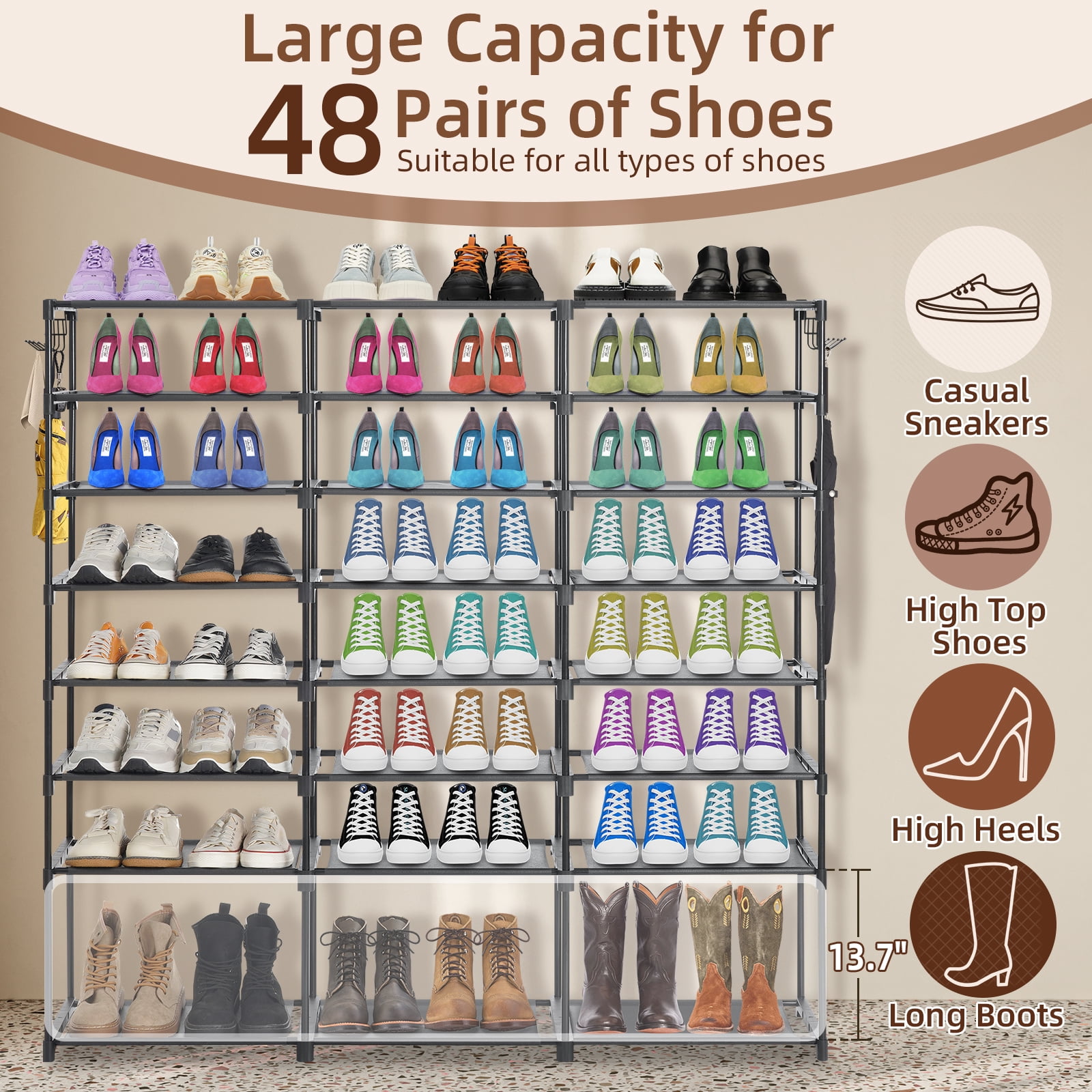8-Tier Shoe Organizer HONEIER 48 Pairs Large Shoe Rack with 2 Hook Rack, Stackable Shoe Storage Cabinet for Shoe & Boots, Shoe Shelf for Closet, Entryway, Bedroom, Garage, Black