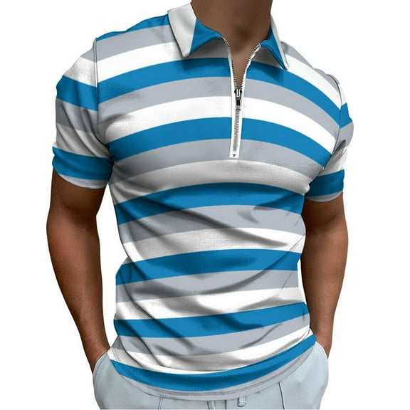 Gray Blue And White Stripes Men Zipper T-shirt Summer Casual Short Sleeve T-shirt Top