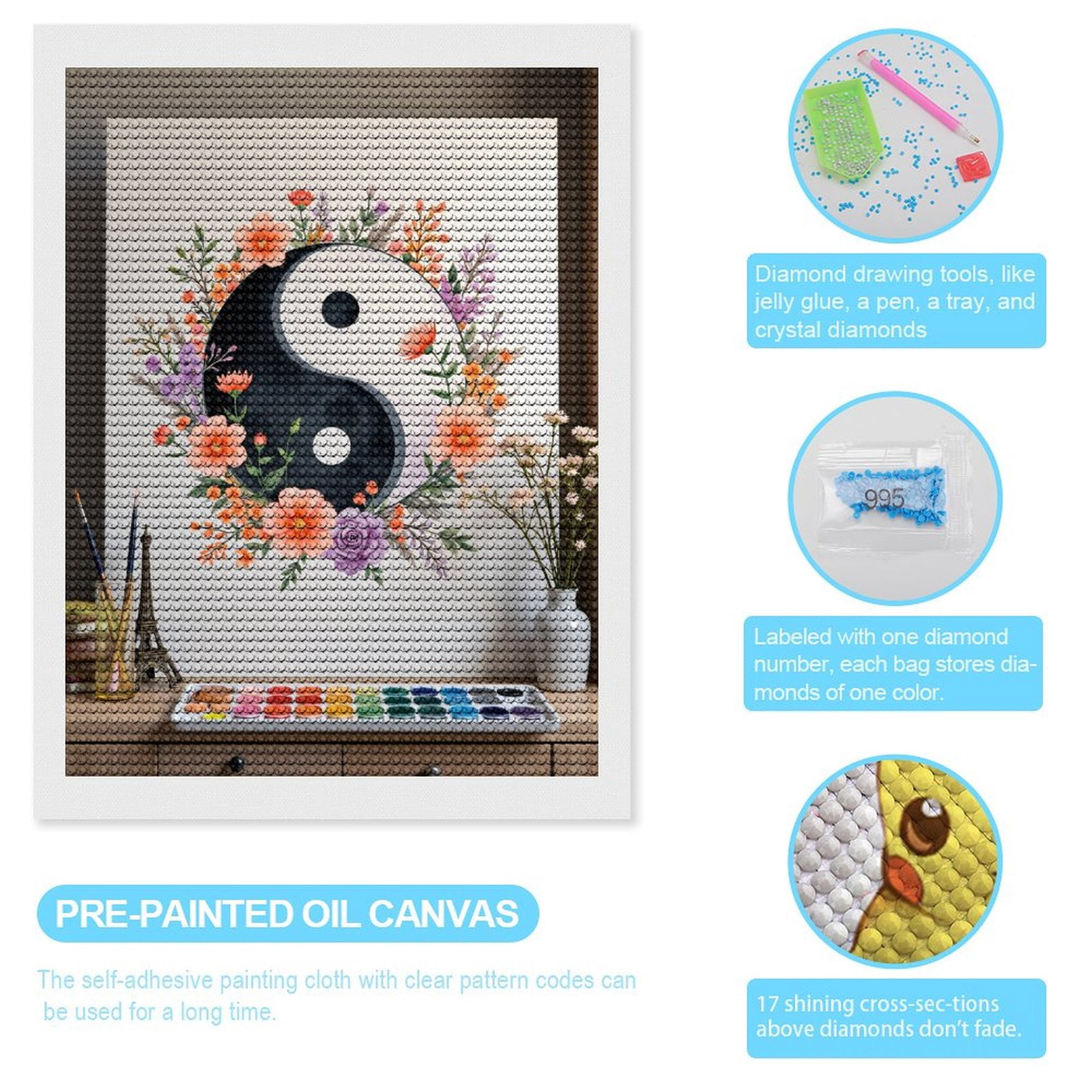 Diamond Art Kits for Adults, Yin Yang Floral Art Painting 5D Diamond Painting Kits for Adults Beginners, DIY Full Drill Diamond Painting, Gem Art and Crafts 12x16