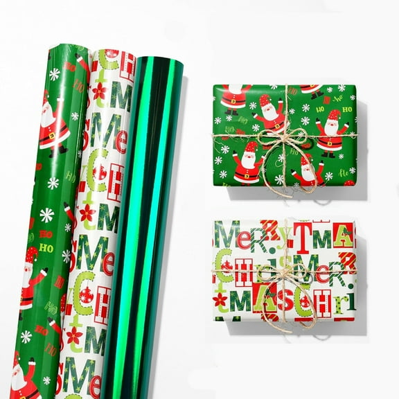 COSTYLE Christmas Wrapping Paper Rolls - 17 inches x 10 feet per Roll, Total of 3 Rolls - Santa Claus, Green Metallic and Letter Print Design
