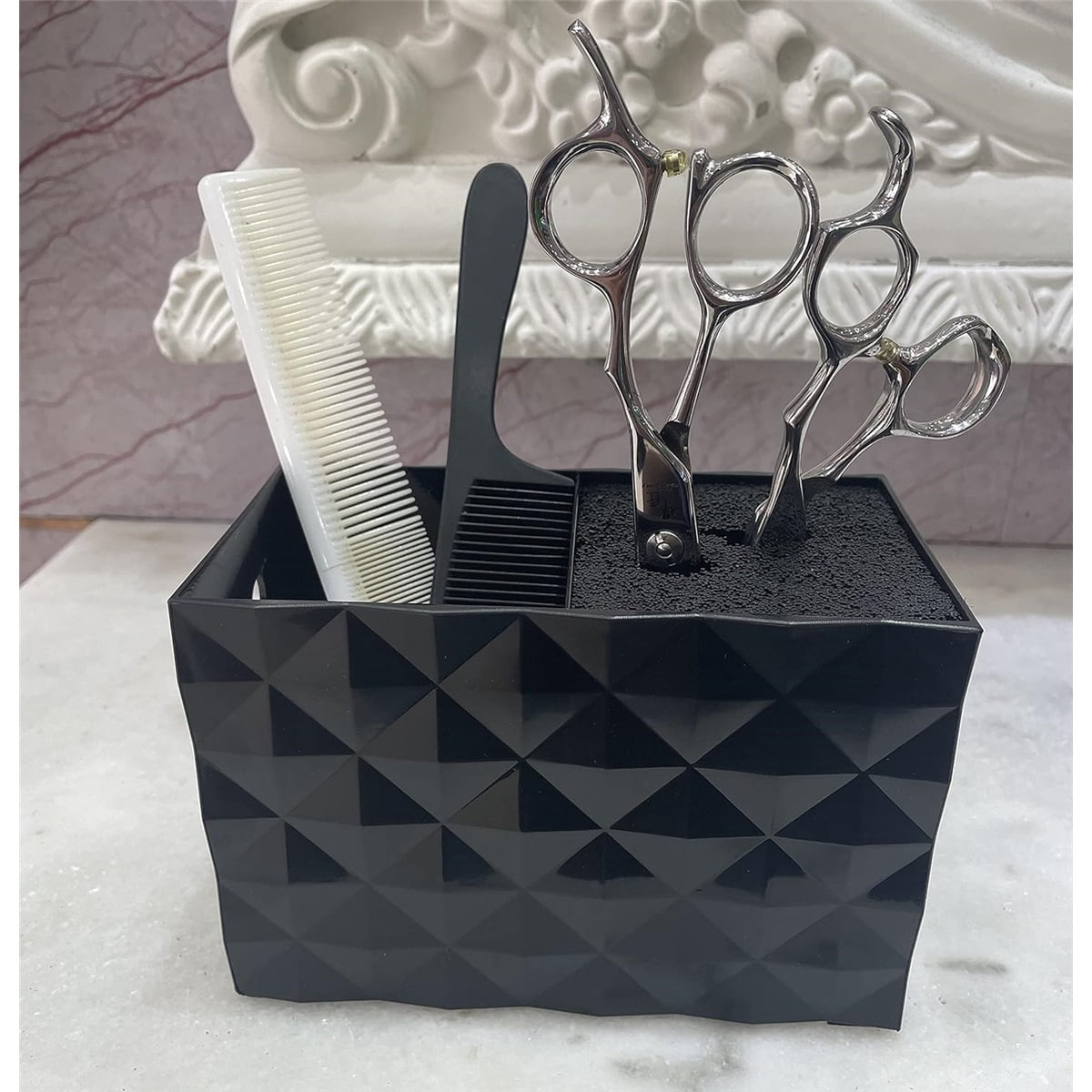 Salon Barber Scissors Shear Holder Rack for Hairdressers, Scissor Storage Case Keeper Modern Hairdressing Combs Clips Desktop Desk Organizer Accessories for Babers Station Office Home - Black