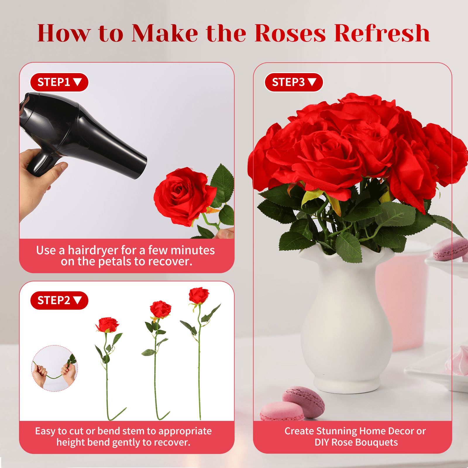 DUOTAN 20 PCs Red Roses Artificial Silk Flowers, 4’’Big Flower Head Artificial Roses with Long Stems, Realistic Fake Roses Bulk for Home Wedding Bouquet Arrangements Party Decoration