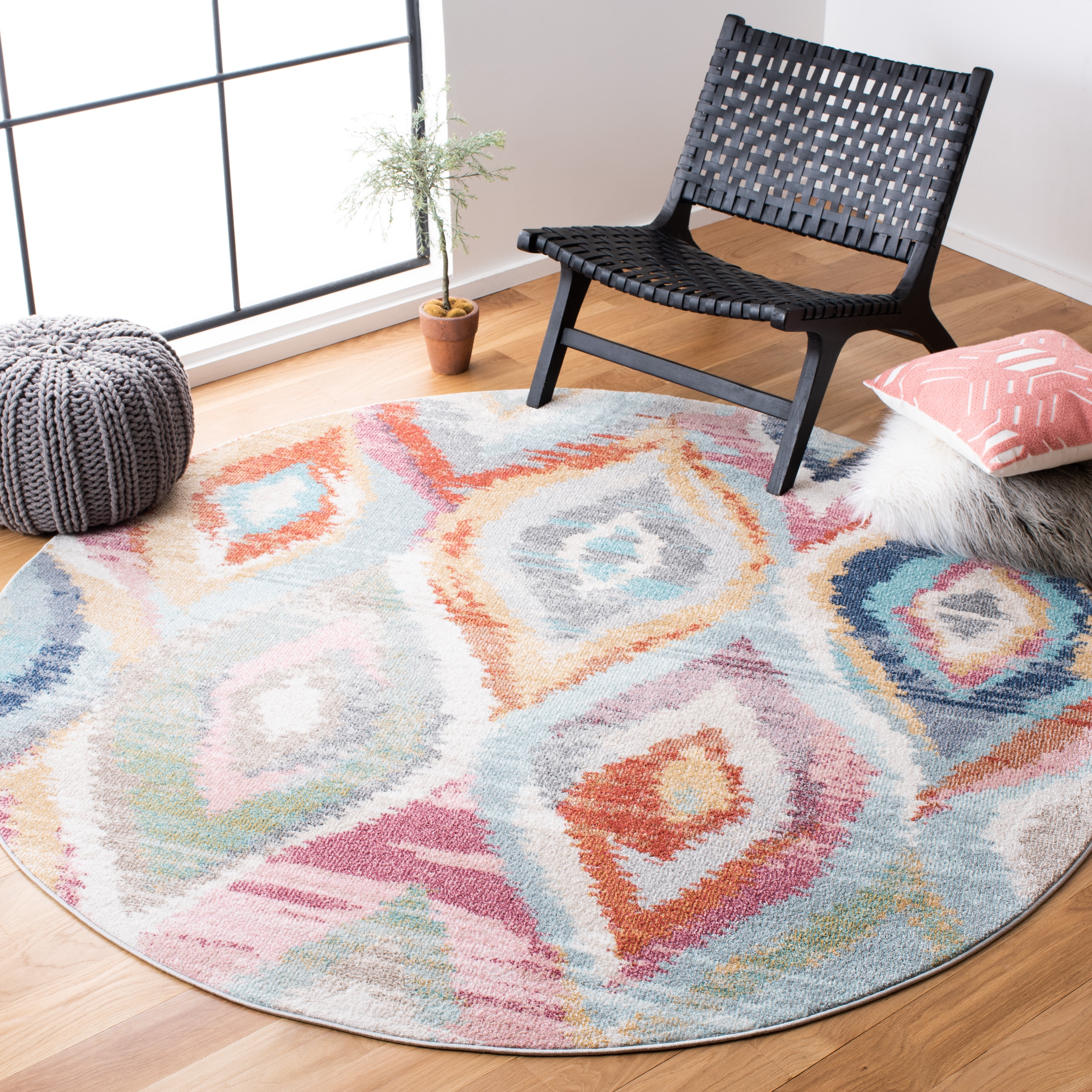 SAFAVIEH Phoenix Pemala Geometric Area Rug, Light Blue/Pink, 6'7" x 6'7" Round