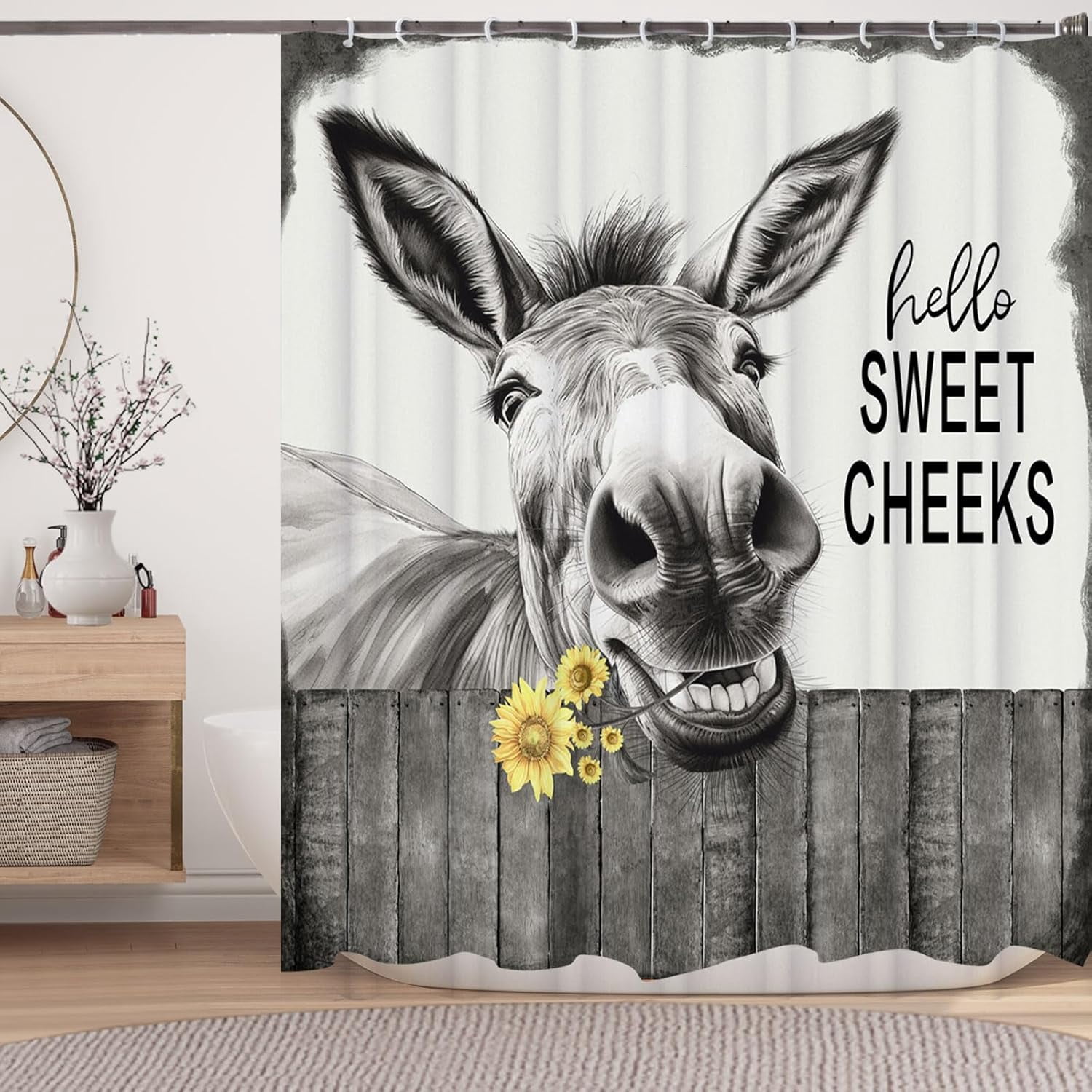 Funny Donkey Shower Curtain, Black and White Farmhouse Farm Animal 72x84 Shower Curtain Set, Gray Hello Sweet Cheeks Rustic Bathroom Decor Curtain with Shower Hooks