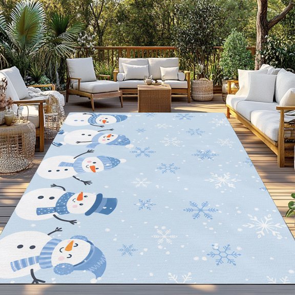 Outdoor Rug, Christmas Small Snowmen Indoor Area Rug Outdoor Carpet RV Camping Rugs 3x5ft Blue White Snowflakes Outside Mat for Patio Picnic Porch Deck Balcony Backyard