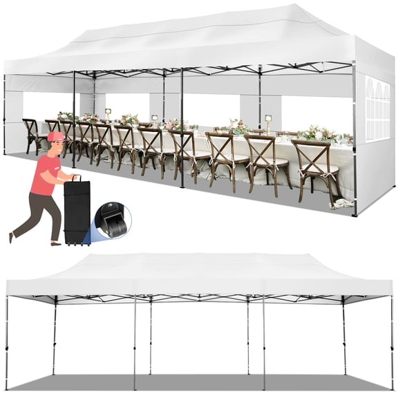 COBIZI 10'x30' Canopy Heavy Duty Pop Up Canopy Tent Outdoor Gazebo Shelter Waterproof Instant Commercial Tent with 8 Removable Sidewalls & 8 Sandbags & Roller Bag,White