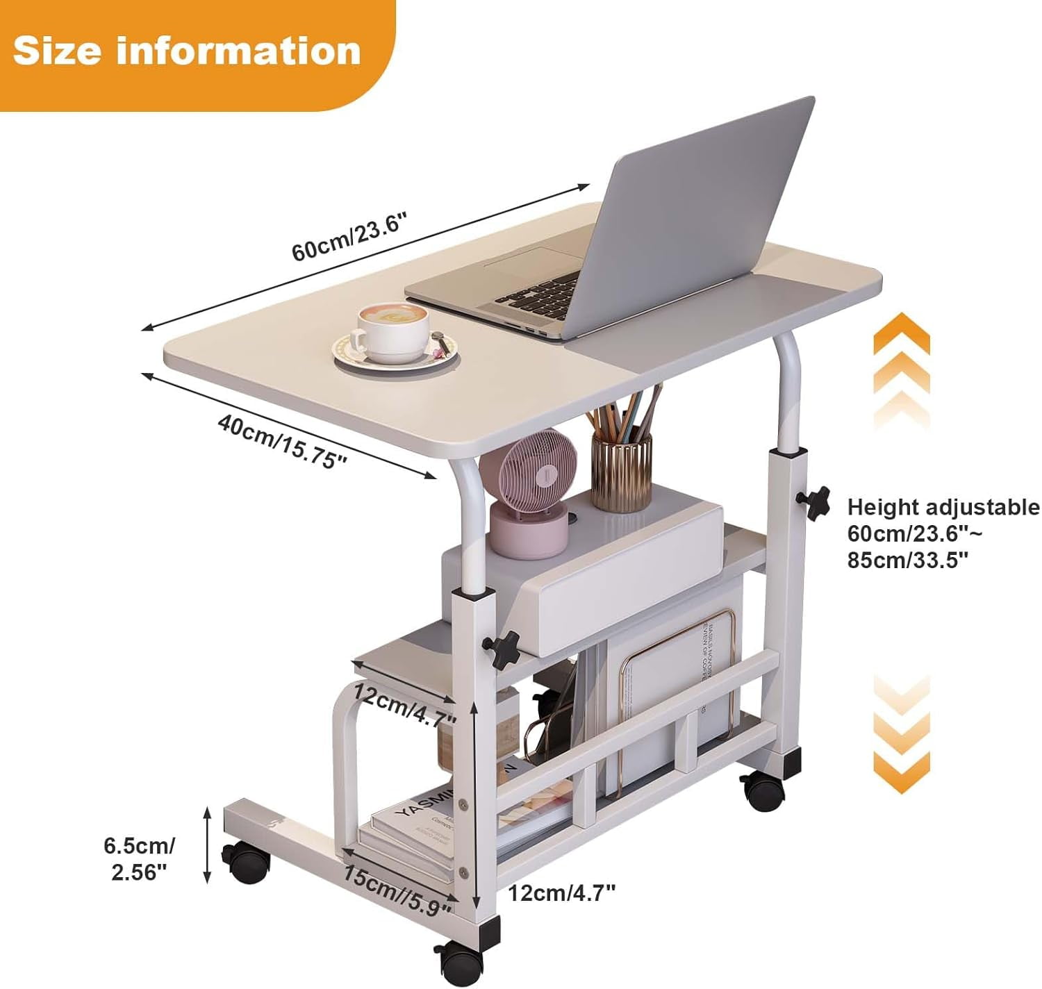Adjustable Height Mobile Standing Desk – Compact Portable Laptop Table with Storage Shelves – Rolling Computer Desk for Home Office, Study, School – Ergonomic, with Wheels, White 60 x 40CM
