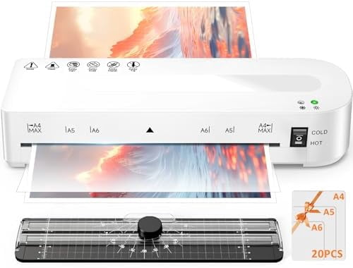 Laminator Machine, A4 Laminators Hot & Cold with 20 Laminating Sheets and Trimmer, 9 Inch Laminating Machine for Office, School, Business and Home - White