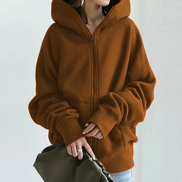 ESSSUT Hauts Décontractés pour Femmes Sweat à Capuche Uni à Fermeture Éclair Manches Longues avec Poches Café m