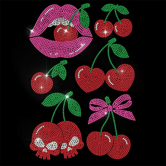 Pink Rhinestone Iron on Transfer Cherry Lips Bling Diamond Hotfix Patches for Clothes 11.6"x8.2" Large Iron On Sequin Applique for Jeans Jacket Caps Bag T-Shirts Shoes DIY Decor