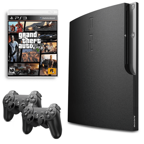 Restored Sony Playstation 3 PS3 Console Slim 320GB Black with GTA V and 2 Retrofam Controllers (Refurbished)