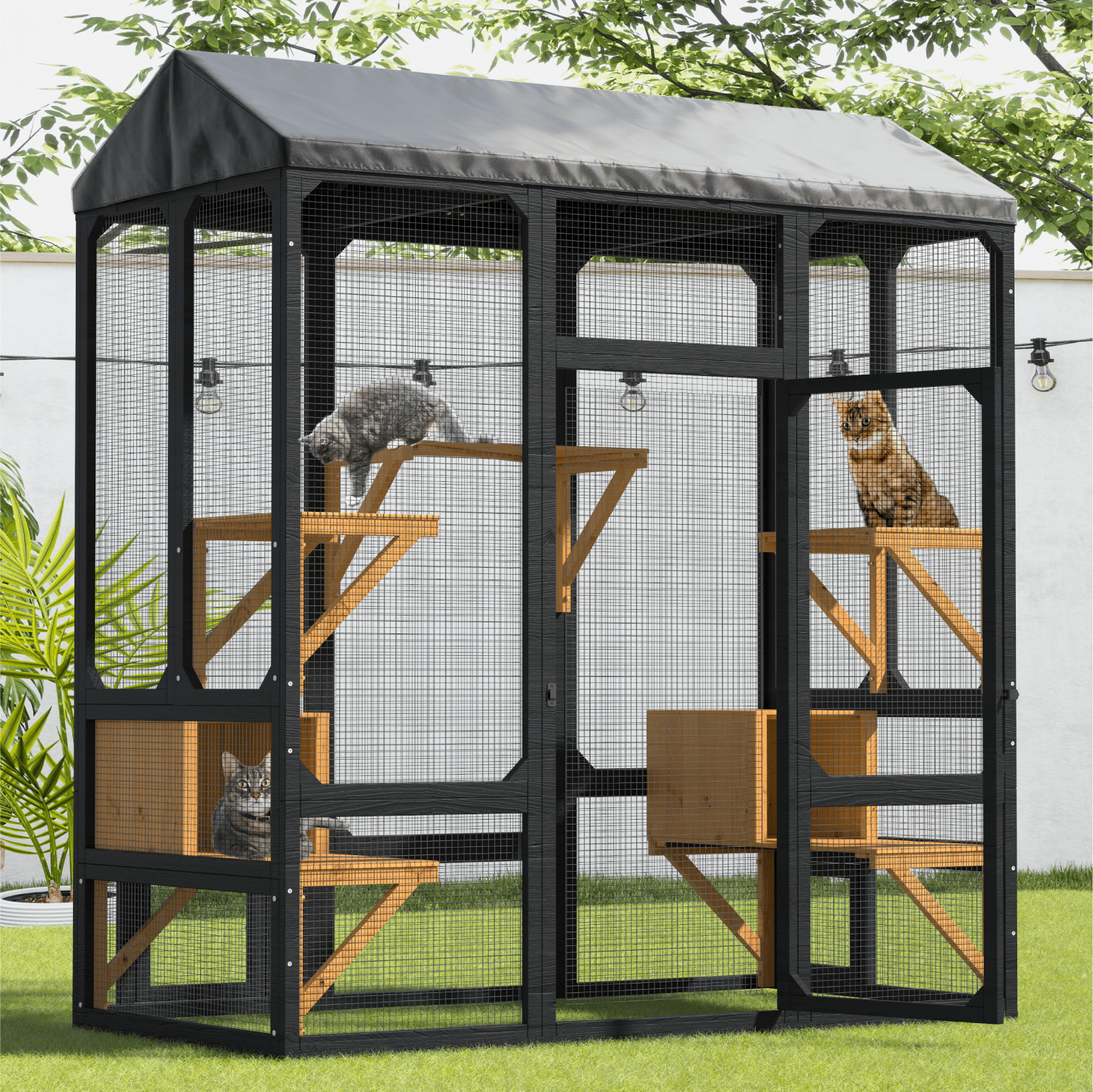 TIMHAKA 72” Catio Outdoor Cat Enclosure, Large Cat Catio for Multiple Cats, Outdoor Cats Enclosure with Waterproof Cover, Black & Yellow