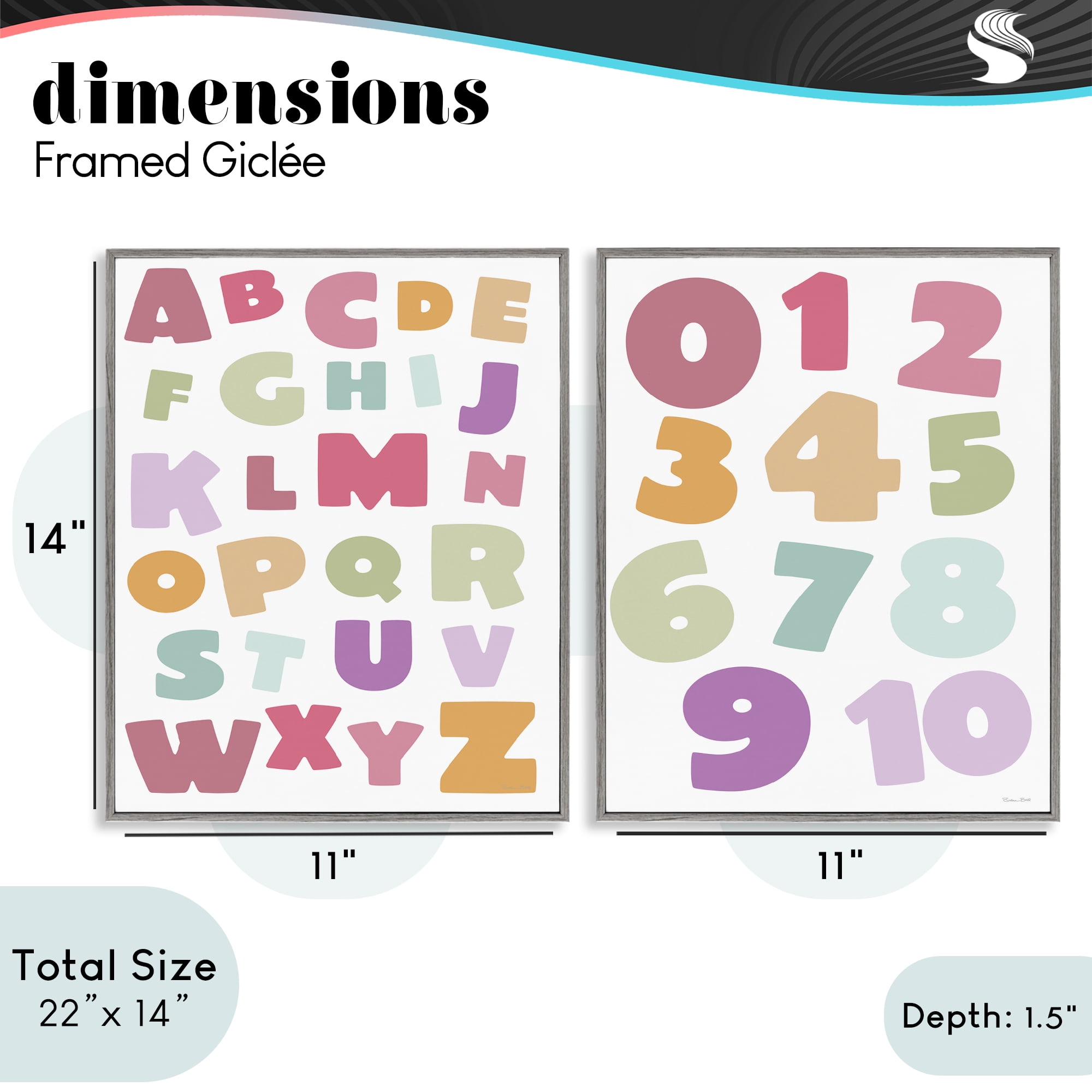 Stupell Industries Muted Letters & Numbers Educational 2 Piece Gray Framed Giclee Art Set, design by Susan Ball