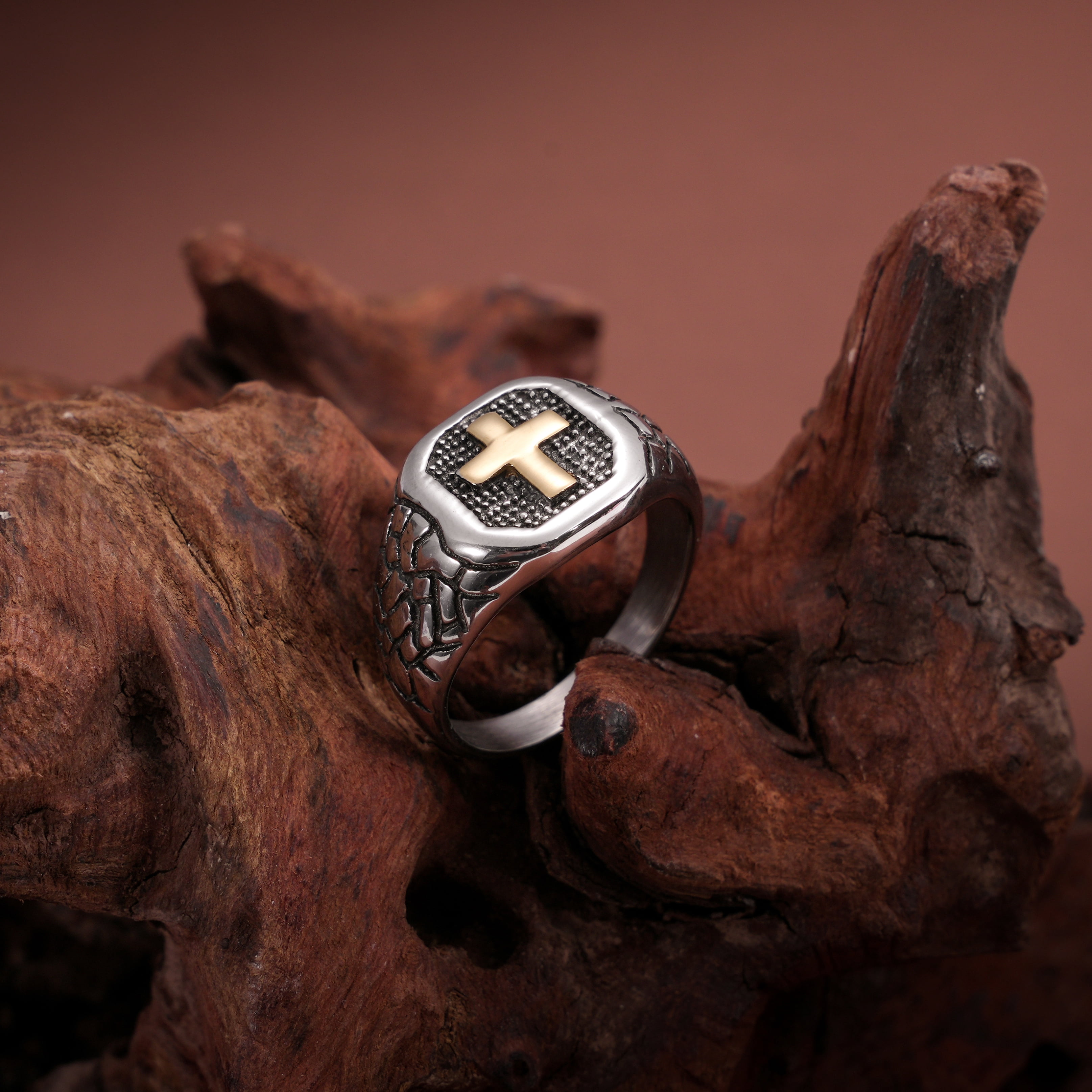 Iron Saints Men Two Tone Textured Cross Signet Ring, Stainless Steel, Religious Men Gift
