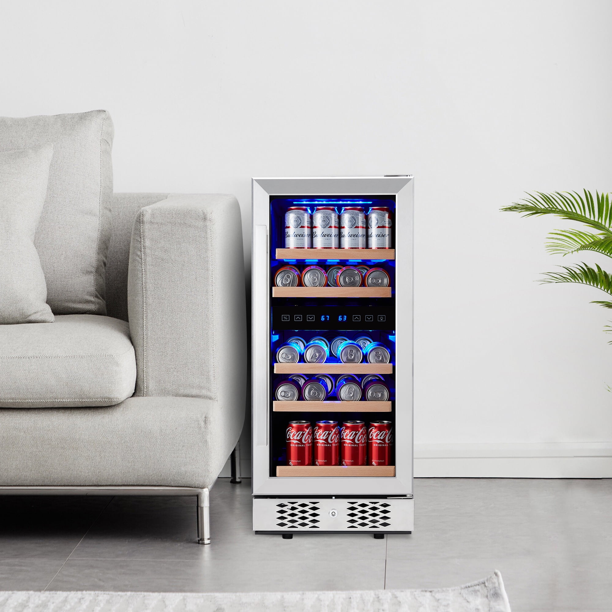 96 Cans Beverage Refrigerator, 15 Inch Built-In Lockable Mini Fridge with Tempered Glass Door, 38-66℉ Temperature Control, Freestanding Drink Cooler with Blue Led Light for Home