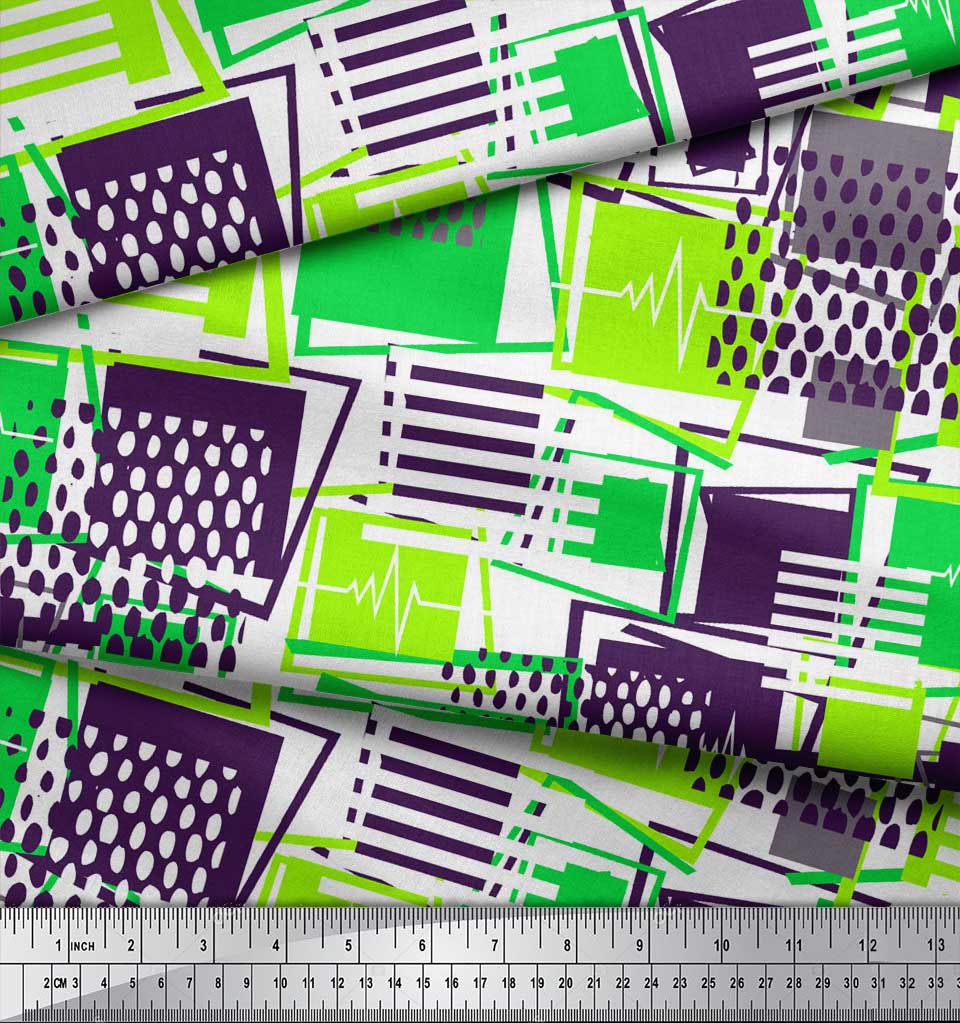 Soimoi Green Japan Crepe Satin Fabric Geometric Abstract Printed Fabric 1 Yard 42 Inch Wide