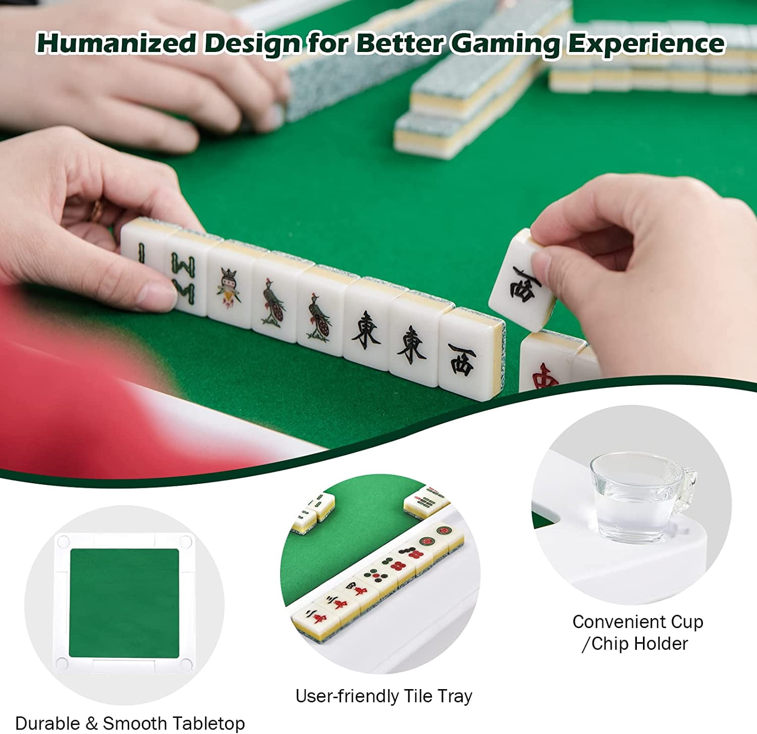 Gotoplay Mahjong Table, Folding Mahjong Table w/Green PVC Tabletop, 4 Cup Holders & 4 Chip Trays, 35 Square 4-Player Folding Card Game Table for Mahjong Poker Domino Game