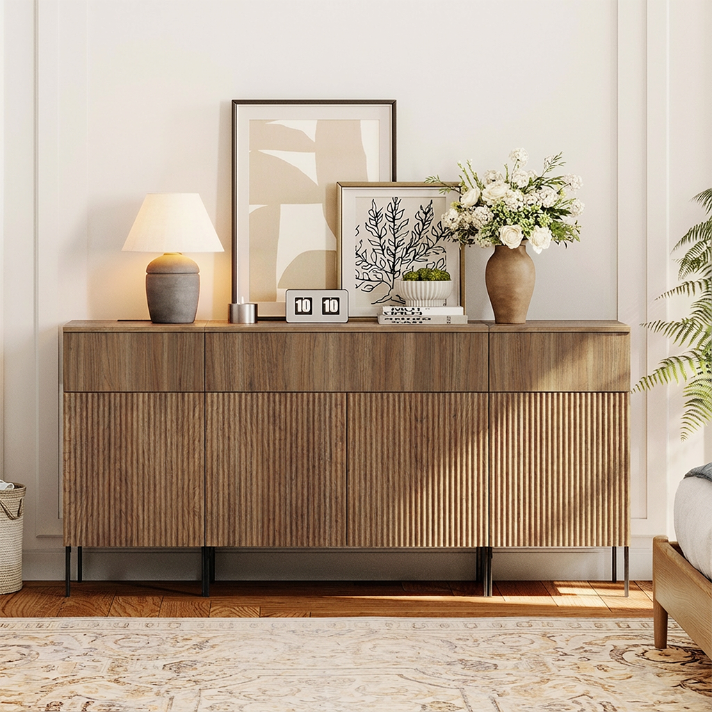 63" Modern Wood 3-Drawer Dresser with Reeded Design, Minimalist Dresser Organizer Storage With Charging Station for Bedroom,Living room, Entryway