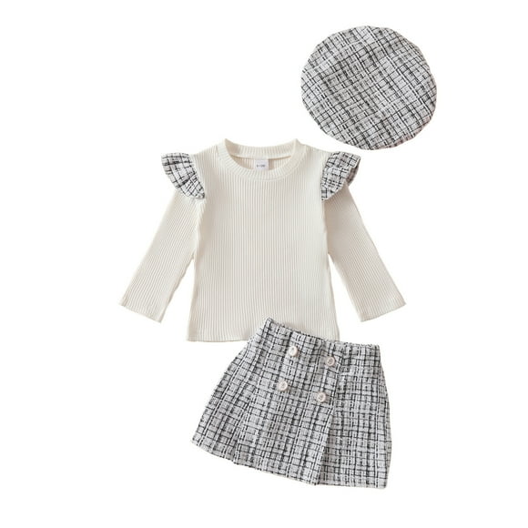 2025 Toddler Girl's 3 Piece Outfits Solid Color Tweed Long Sleeve Tops And Mini Skirt With Hat Set White