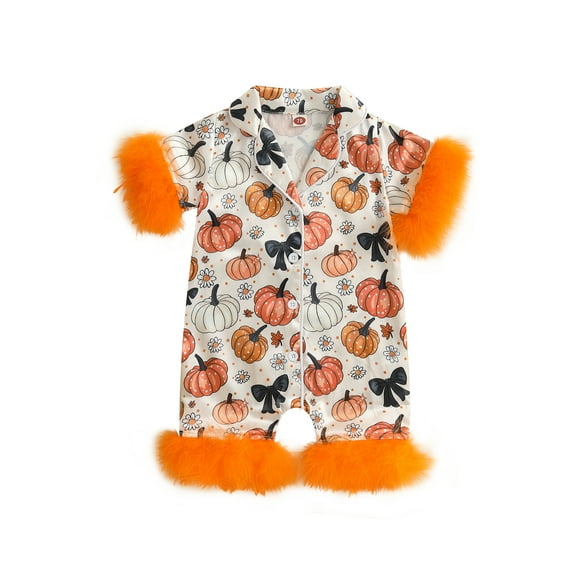 BemeyourBBs Halloween Baby Girls Pajamas Furry Short Sleeve Pumpkin Print Jumpsuit