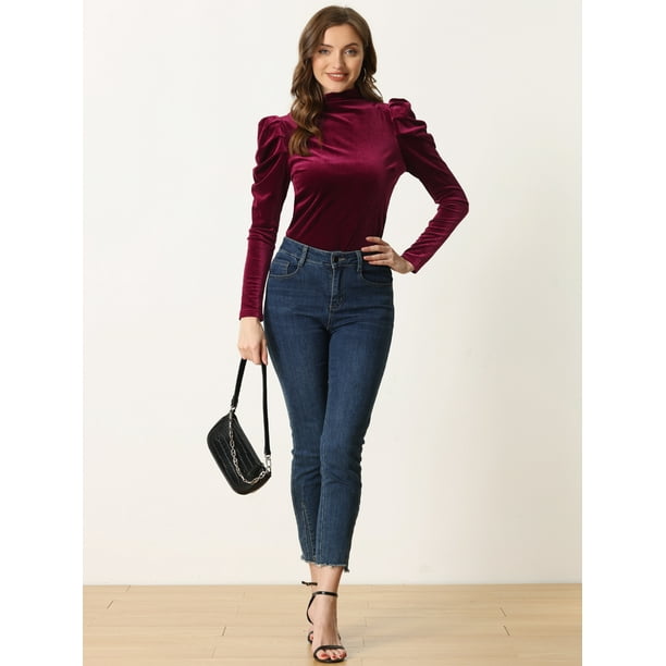 Blusa de Terciopelo para Mujer de Manga Larga con Cuello Alto Top