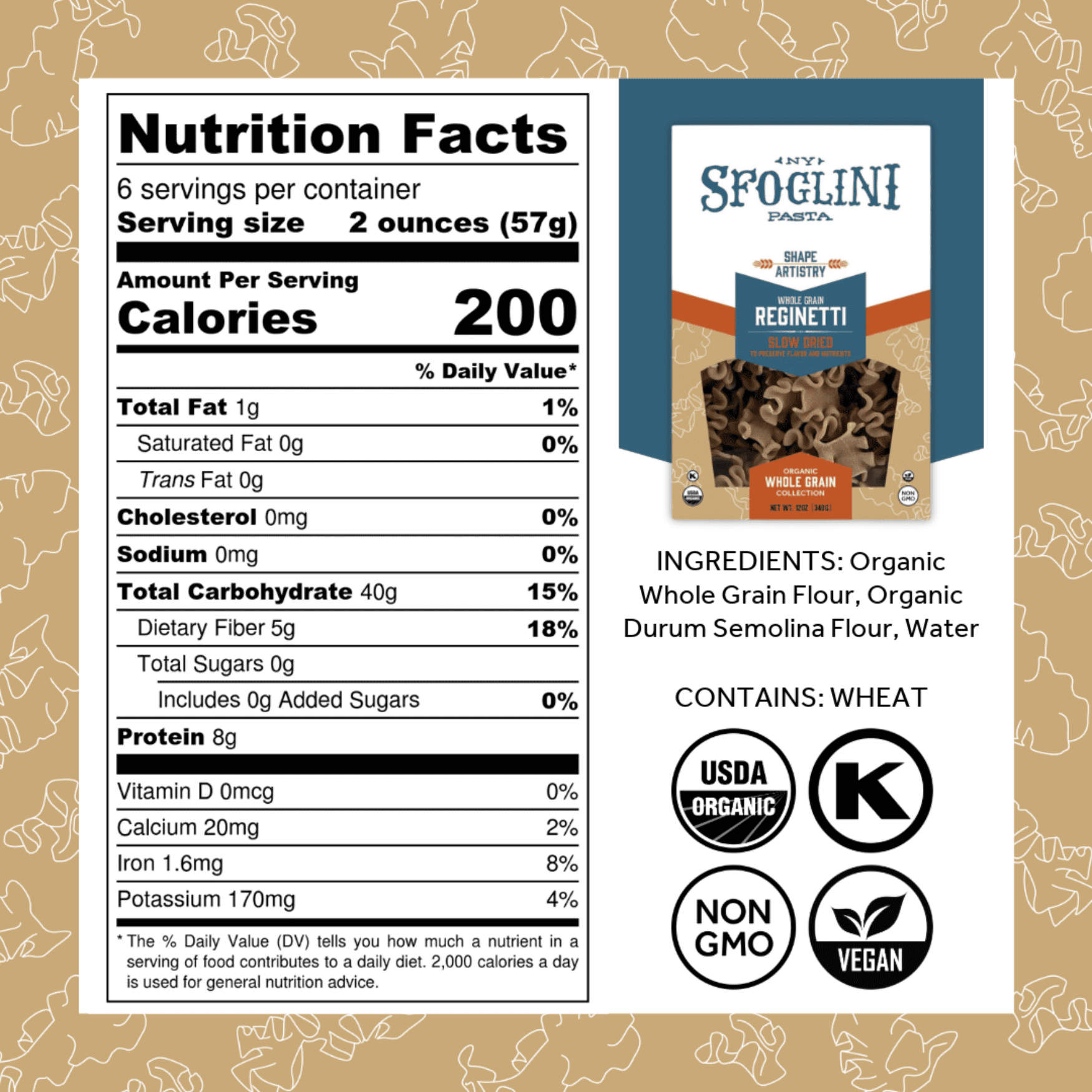 (3 pack) Sfoglini Organic Whole Grain Reginetti Pasta, Shelf-Stable, 12 oz Box