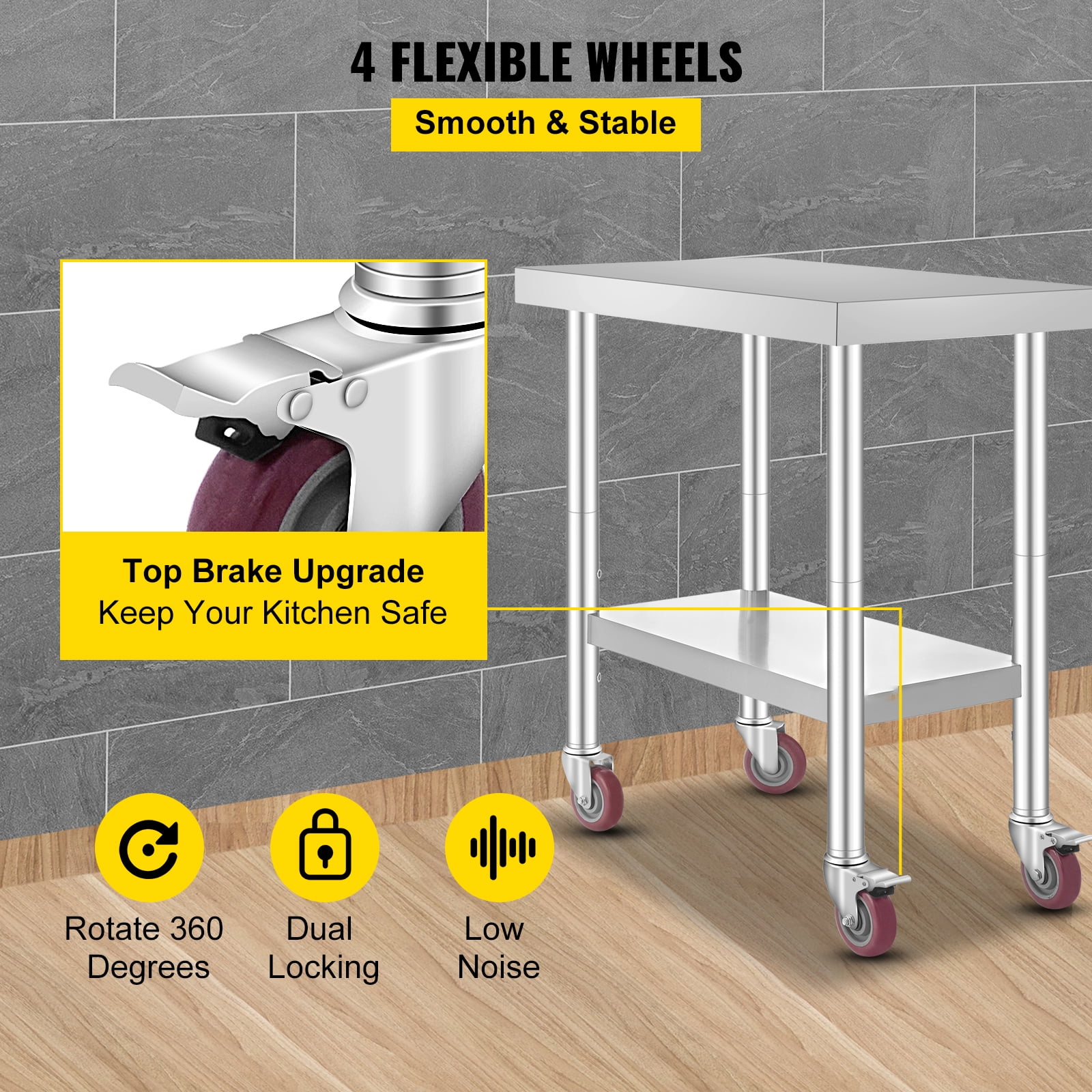 VEVOR Stainless Steel Work Table 30 x 18 x 34 In 4 Wheels Food Prep Commercial Grade 2 Layers