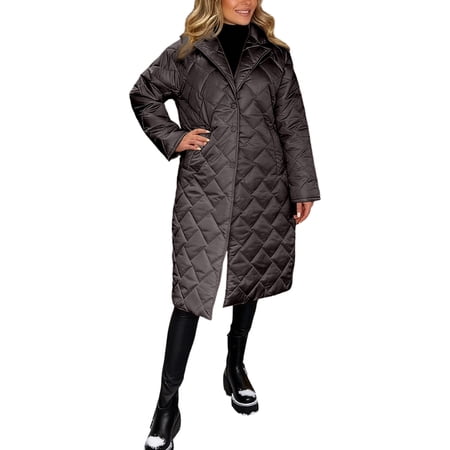 ZHOUCHANKIDS Elegant Long Quilted With High Gloss Finish And Notched Collar For Women Winter Fashion Outerwear Cozy Layering Brown XL