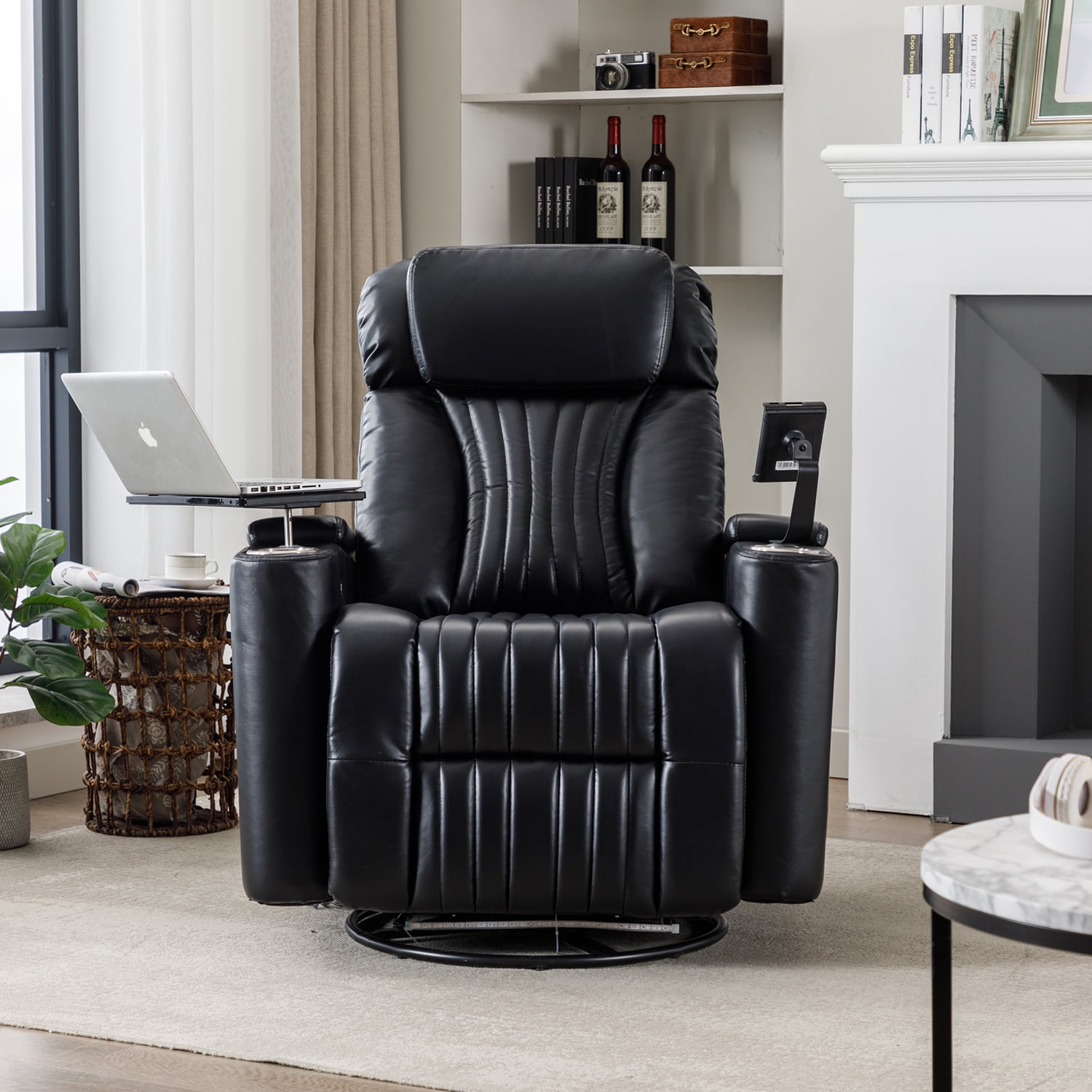 Kadyn 270° Power Swivel Rocker Recliner, PU Leather Recliner Chair with LED Light Strip, Cup Holder and 360° Swivel Tray Table, Modern Power Swivel Recliner with Cell Phone Holder, Black Kadyn 270° Power Swivel Rocker Recliner, PU Leather Recliner Chair with LED Light Strip, Cup Holder and 360° Swivel Tray Table, Modern Power Swivel Recliner with Cell Phone Holder, Black
