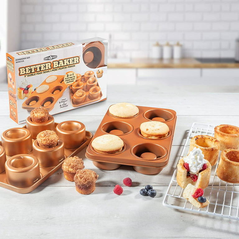 Cook's Choice Better Baker Edible Food Bowl and Muffin Maker- Bake six 3  Dessert and Dinner Bowls or Mini Muffins with Cookbook included